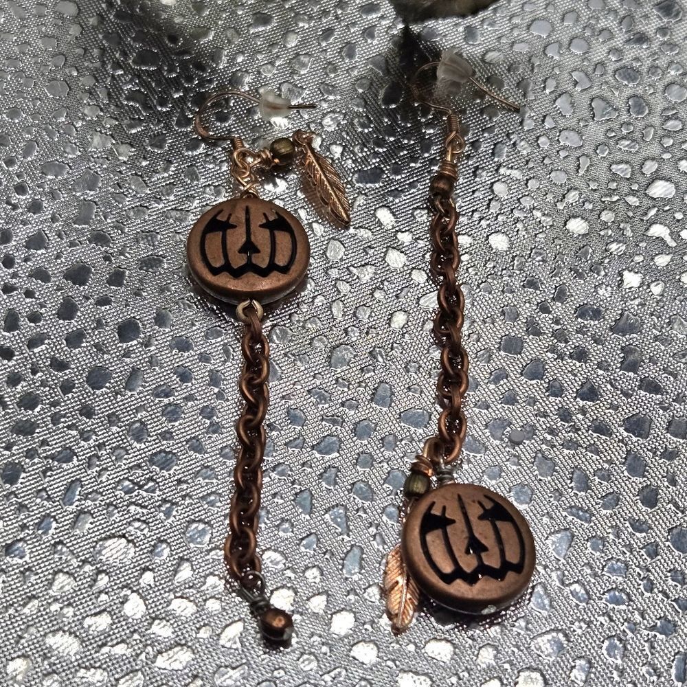 "5/$40" Handmade Pumpkin  Jack-O-Lantern Copper Mismatched Earrings 925 Wires - Picture 3 of 6